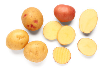 Fresh raw potatoes on white background