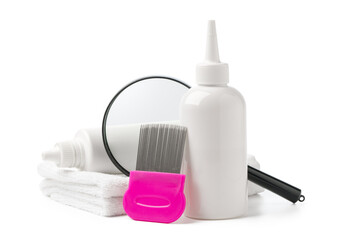 Cosmetic products, lice comb and magnifying glass isolated on white