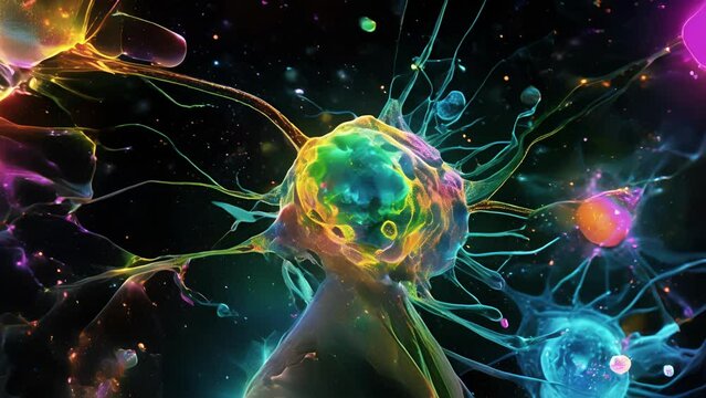 Phase contrast animation of a microglia cell extending its processes to communicate with other cells potentially coordinating immune responses.