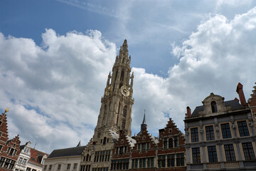 Fototapeta premium View of the gothic cathedral of Our Lady in Antwerp Belgium with gold clock