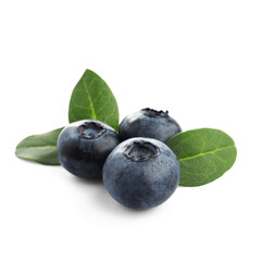 Fresh blueberries and leaves on white background
