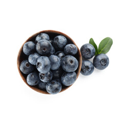 Wooden bowl with fresh blueberries on white background