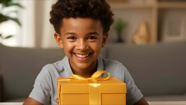 African American boy presenting a gift to his dad at home on Father's Day. Concept Family Photos, Father's Day Celebration, Loving Gesture, Home Setting, Generations Bonding