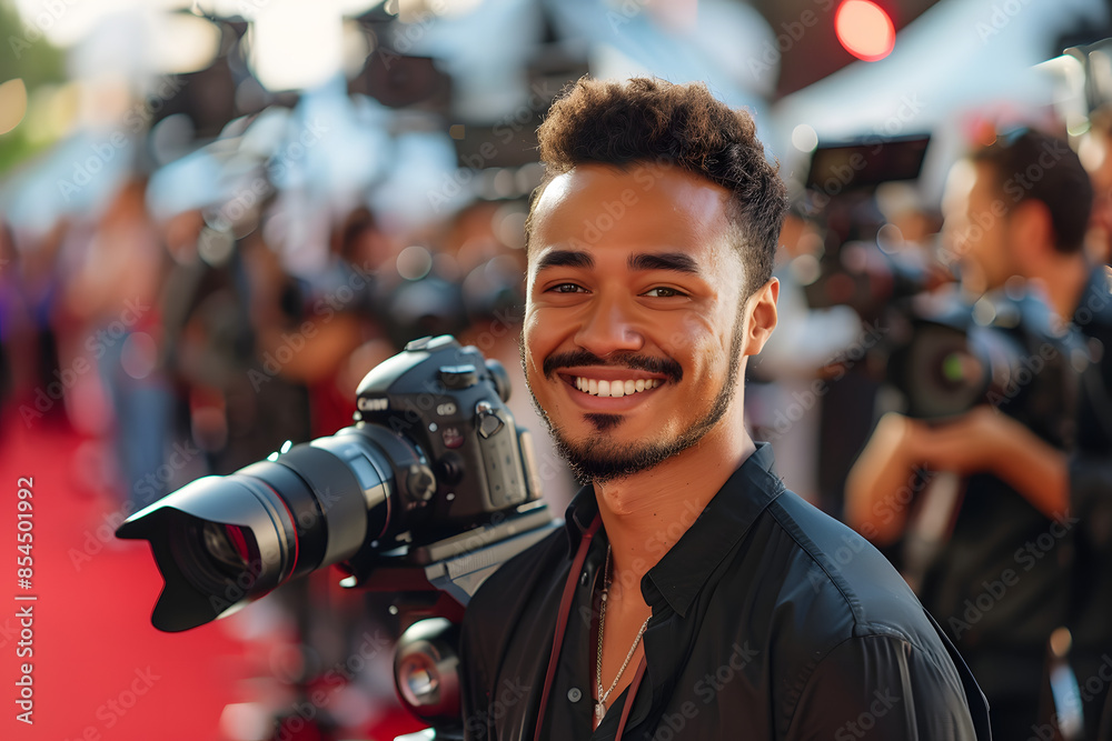 Wall mural man standing on the red carpet smiling. cameras flashing.