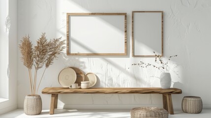A white room features a wooden bench with woven baskets and a vase of dried branches. Two framed pictures hang on the wall.