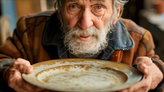 A close-up image of a hungry man holding an empty plate begs for food. Concept Social Issues, Poverty, Hunger, Emotional Portraits