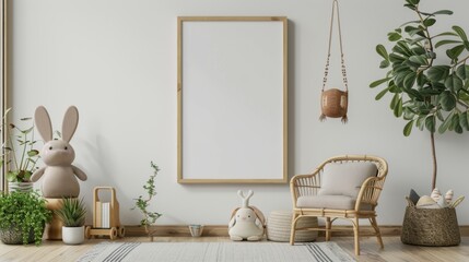 A light and airy nursery with natural elements, featuring a wicker chair, potted plants, and a blank canvas for a personalized touch.