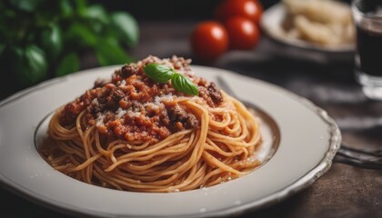 Fototapeta premium view of aesthetic Pasta Bolognese with spaghetti