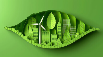 Creative paper art style image of a green leaf in nature, showcasing trees in a unique and artistic way.