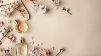 Cosmetics and perfumes concept with wooden frame and copyspace on beige background