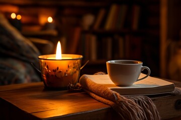 Fototapeta premium Wooden table with a candle in a glass, a book, flowers in a vase, a blanket on a blurred background of books. The concept of a hygge, cozy pastime, a favorite corner in the house. 