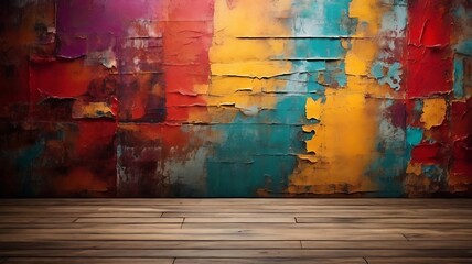 Multicolor old grunge scratch or crack cement wall with wood floor background.