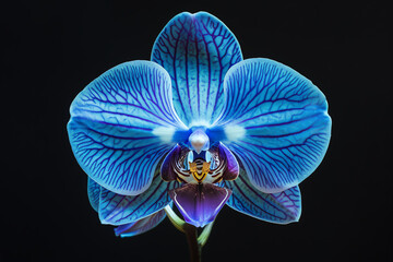 Floral symmetry, Symmetrical blue orchid against a black background.