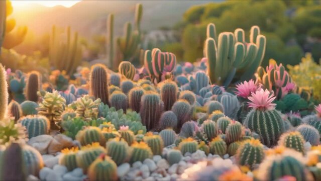 Vibrant cacti radiate under the setting sun in a tranquil desert setting AI. Concept Desert Landscapes, Cactus Garden, Sunset Photography, Nature Photography, Tranquil Scene