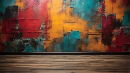 Colorful vintage grunge wall with wood floor background.