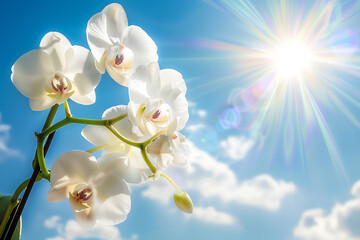 White bloom, White orchid with a bright, sunny sky background.