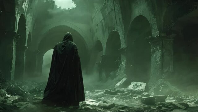 Cloaked figure oversees desolate underworld in eerie atmosphere. Concept Dark Fantasy, Mysterious Figure, Desolate Landscape, Eerie Atmosphere, Underworld Settings