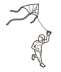 Fototapeta premium A Boy Running Fly a Kite Child Playing Outline Cartoon Sport Graphic Vector