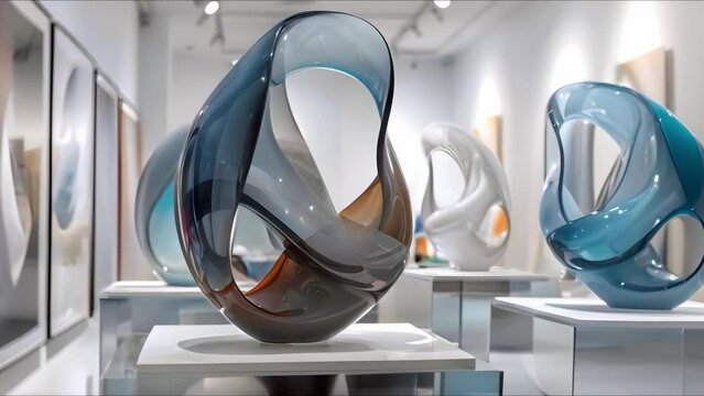 Vibrant modern art exhibit showcases futuristic abstract sculptures in fine art gallery. Concept Modern Art, Fine Art Gallery, Abstract Sculptures, Futuristic, Vibrant Pieces