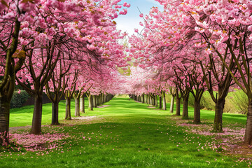 A picturesque alley of Sakura cherry trees in full bloom, featuring rows of blossoming trees and a lush green lawn, creating a stunning springtime park scene