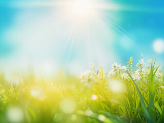 Fototapeta premium Blue spring background with light green, sunlight and blur