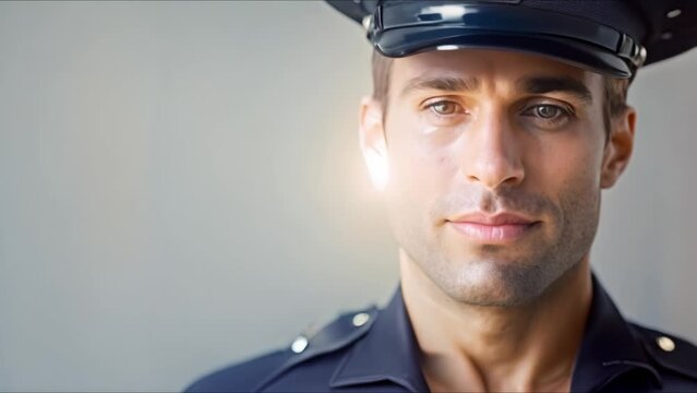 Closeup of male NYPD officer in uniform and hat standing alone on white background. Concept Police Officer, NYPD, Uniform, Portrait, White Background