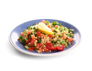 Plate with delicious tabbouleh salad and lemon slice on white background