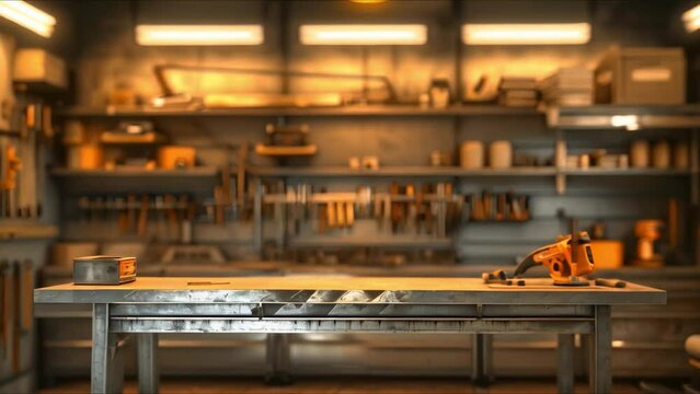 Blurred garage background with an empty metal workshop desk for crafting in a man cave. Concept Garage Background, Metal Workshop Desk, Crafting, Man Cave, Blurred Background
