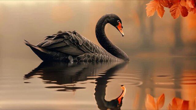 Black swan gracefully perched on a tranquil autumn lake. Concept Wildlife Photography, Nature Scene, Lake Reflections, Serene Beauty, Majestic Bird