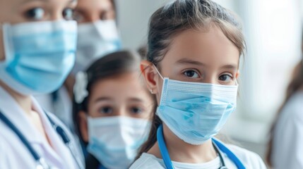 Doctor and children wearing medical masks for banner with space for text
