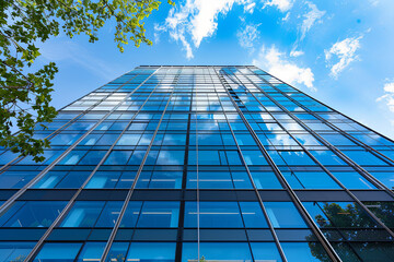 Looking up at a modern office building with a striking blue facade