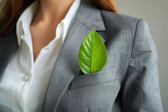 A businesswoman with a green leaf in her pocket, symbolizing commitment to ecological concerns