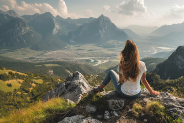Naklejka premium Young woman enjoying breathtaking view of valley from mountain top during travel adventure