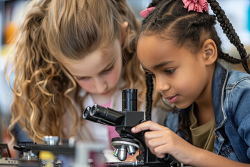 Young girls explore science using a microscope in a classroom setting