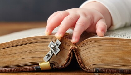 The Hand of Baby Resting On The Bible. Baby With Old Book. 