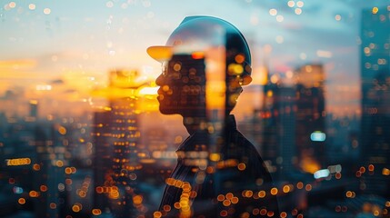 Silhouette of a Man in Hardhat against a Cityscape at Sunset