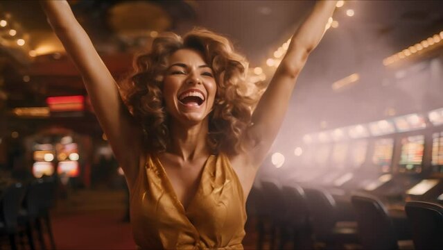 Woman happily celebrates winning at casino slots with joyful expression and raised hands. Concept Gambling, Winning, Casino, Slots, Celebrating