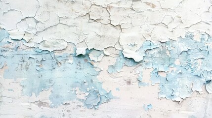 Obraz premium A textured background mimicking aged wall plaster, where light blue and white paint peel and crack to reveal layers of color, adding depth and interest.