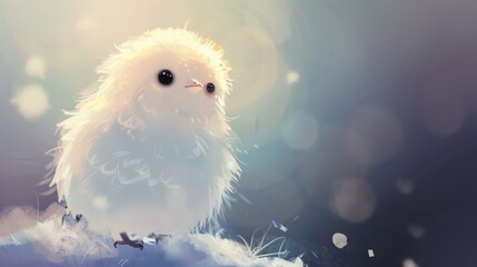 A small chick with white fluffy feathers stands on a snowy ground in a sunny winter day.