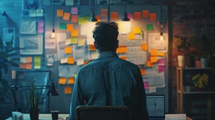 Obraz premium Man Looking at a Wall Covered in Sticky Notes