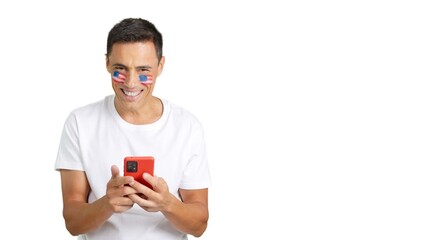 USA man looking at his mobile smiling and showing it.