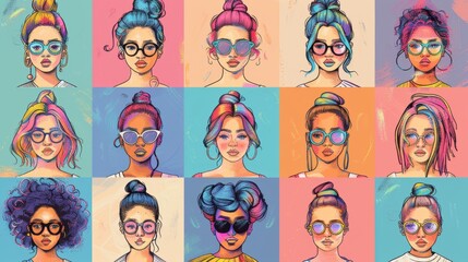 A digital illustration showcases a grid of 18 portraits of diverse women wearing sunglasses and buns.