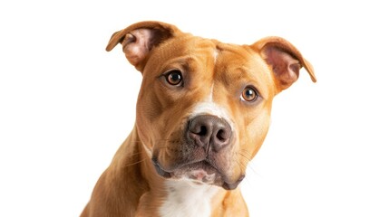 Red American Staffordshire Terrier with cropped ears sitting indoors against a white background