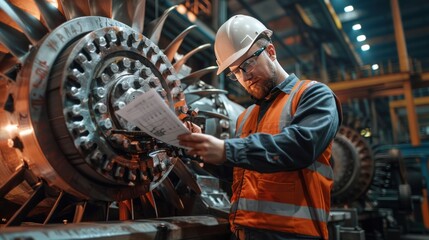 Industrial Worker Examining Plans by a Large Machine
