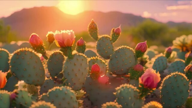 Vibrant cacti shine under the setting sun in a tranquil desert scene AI. Concept Botanical Photography, Desert Landscapes, Sunset Glow, Cactus Garden, Nature's Beauty