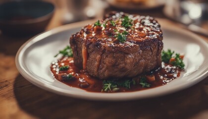 view of aesthetic grilled beef with sauce on top