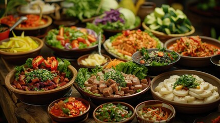 Obraz premium Assortment of Delicious Asian Cuisine on a Wooden Table