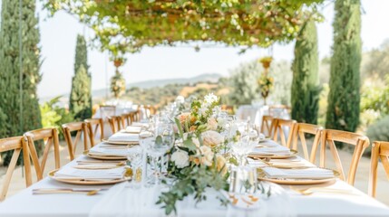 Beautiful wedding long table with flowers, gold plates, and glasses for a luxury dinner, Modern floral design for outdoor wedding.