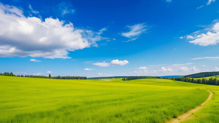 Fototapeta premium Digital composition of green meadow and blue sky backgrounds. Panoramic natural landscape with green grass field. Ai generative