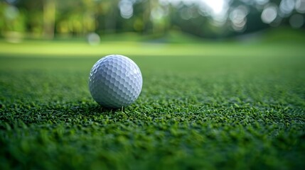 Obraz premium Close-up image of a golf ball on lush green fairway. Summer sports equipment for golf